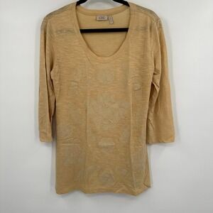 LOGO T-Shirt Top Womens Small Tan Floral Embossed 3/4 Sleeve Round Neck Pullover